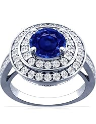 14K White Gold Round Cut Blue Sapphire Ring With Sidestones