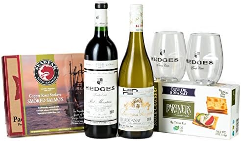 Hedges Family Estate The Proper Picnic Gift Set with Copper River Smoked Salmon, Partners Olive Oil &amp; Sea Salt Crackers, and 2 Go Vino glasses, 2 x 750 mL