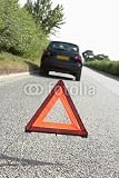 Wallmonkeys Peel and Stick Wall Decals - Car Broken down on Country Road with Hazard Warning Sign - 24