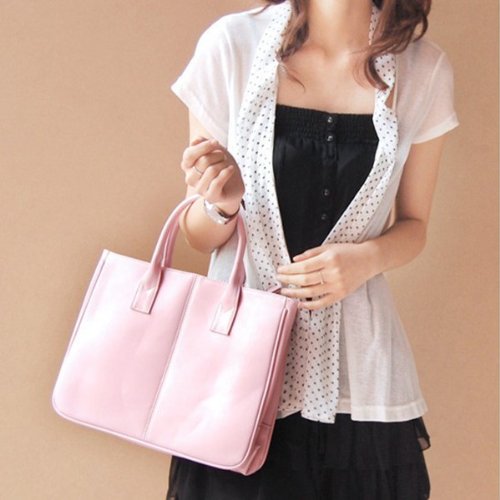Pure Pink Korea Simple Style Faux Leather OL Office Lady Women Classic Tote Clutch Bag