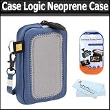 Case Logic UNZ-3 Medium Universal Pocket Neoprene Case w/Screen Protection (Blue/Silver) + LCD Screen Protectors + Microfiber Cloth For Canon PowerShot S95, SX210 IS, SD4500 IS, SD4000 IS, SD3500 IS, SD1400 IS, SD1300 IS, SD940 IS Digital Cameras