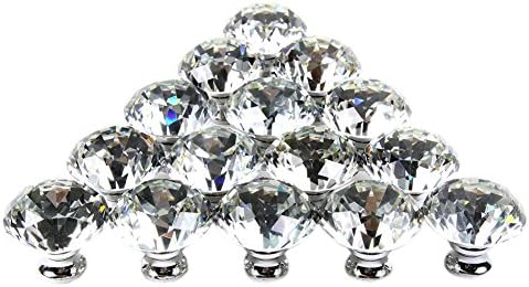 Diamond Shape Crystal Glass Cabinet Knob, Cupboard Drawer Pull Handle -Great for Cupboard, Kitchen and Bathroom Cabinets, Shutters -Diameter 40mm -Sparkling Like a Real Diamond (Park of 15)
