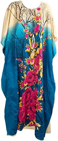 Annie's Fashion Women's Indian Floral Two Tone Colored Caftan Dress (BLUE)