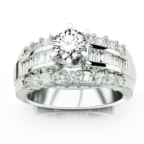 1.63 Carat White Gold Round And Baguette Diamond Enagement Ring VS Clarity