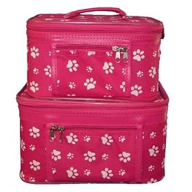 Designer Cosmetic Case Set - Raspberry Paw Design 2 Piece Cosmetic Case Set (Paw Print Design) - Raspberry with White Paw Prints