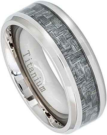 FREE ENGRAVING -8MM Titanium Wedding Band Ring with Charcoal Gray Carbon Fiber Inlay Beveled Edge (11)