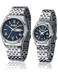 EYKI 8470 Couple Watches Quartz Waterproof Wristwatches for Lovers Pair in Package Blue Dial and Stainless Steel Band