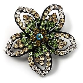 Five Petal Diamante Floral Brooch (Black&Olive Green)
