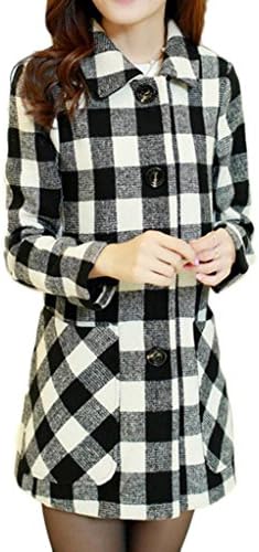 UBon Women's Single Breasted Plaid Wool Coats with pocket