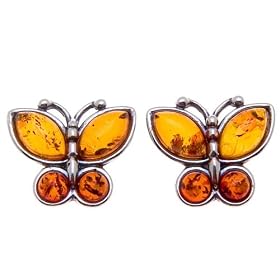 Certified Genuine Cognac Amber and Sterling Silver Butterfly Stud Earrings by 