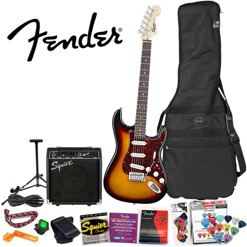 Squier by Fender Stop Dreaming, Start Playing Value Pack: SE Special Brown Sunburst Strat with Squier SP-10 Amp - Upgrade Pack Includes: Squier Strings, Fender String Winder, Fender Slide, Dunlop Capo & Fender/ GO-DPS 12 Pack Pick Sampler (Part# DPS-FN-SAMPLER)