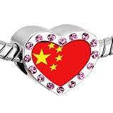 Pugster Pink Swarovski Crystal China Flag photo Heart Silver Plated Beads Fits Pandora Charm Chamilia Biagi Bracelet