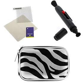GTMax Silver Zebra Universal Camera Eva Case + Camera LCD Lens Pen Pocket Cleaning Brush + Universal LCD Screen Protector for Samsung ST200 DV300F ST76 PL100 PL120 PL170 PL210 WB210 SH100 ST65 ST90 ST700 ES80 Digital Cameras