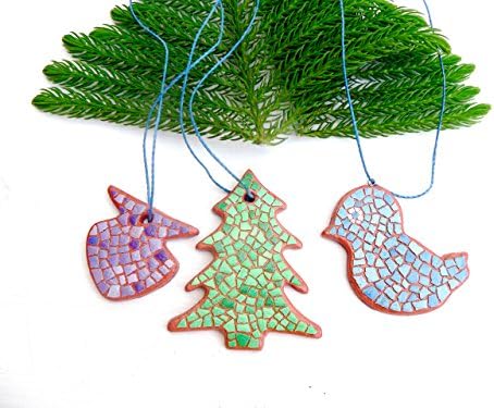 Rustic Primitive Mosaic Handmade Christmas Decor Tree Bird Fish Holiday Ornament Green Purple Blue Gift Ideas Housewarming Hostess for MOM