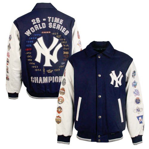 Buy New York Yankees Navy Blue World Series Champions Varsity Leather Jacket by Football Fanatics
