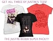 JUSTIN BIEBER SHIRTS - OFFICIAL JUSTIN BIEBER T-SHIRT SUPERSET! JUSTIN BIEBER FAN CLUB THREE SHIRT PACKAGE!