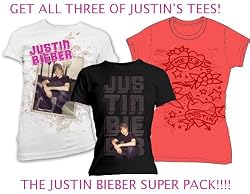 JUSTIN BIEBER SHIRTS - OFFICIAL JUSTIN BIEBER T-SHIRT SUPERSET! JUSTIN BIEBER FAN CLUB THREE SHIRT PACKAGE!