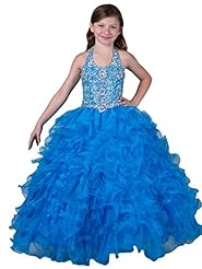 Girls  Pleated Beaded Ruched  Lace Backless Crystal Halter Floor Length  Ball Gown Pageant Dress/Party Dress  With Rhinestones
