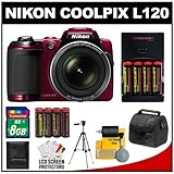 Nikon Coolpix L120 14.1 MP Digital Camera (Red) with 8GB Card + Batteries/C ....