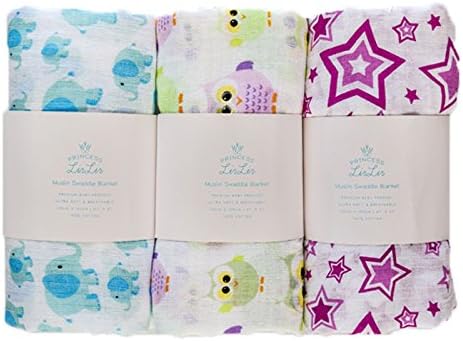 Muslin Baby Swaddle Blanket by Princess LirLir - 3 Pack- Unisex | 47" X 47" | Ultra Soft | 100% Cotton | Best Baby Shower Gift