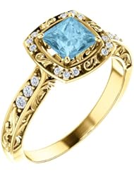 14K Yellow Gold 5.00x5.00mm Princess Cut Aquamarine and Diamond Ring -- LIFETIME WARRANTY