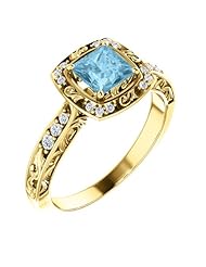 18K Yellow Gold 5.00x5.00mm Princess Cut Aquamarine and Diamond Ring -- LIFETIME WARRANTY
