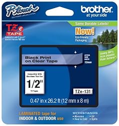 Brother TZe131 Black on Clear 1/2-Inch Labeling Tape (26.2 Feet) - Retail Packaging