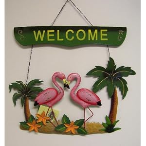 Pink Flamingo Palm Tree Welcome Wall Art Sign