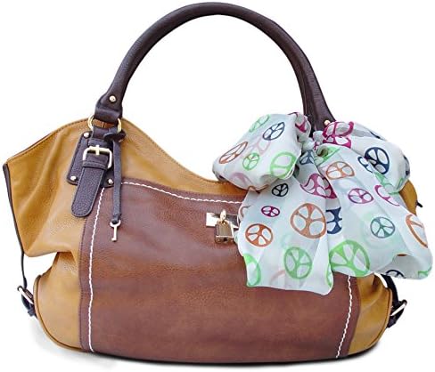 Peach Couture ANASTASIA Lock and Key Top Handle Oversize Tote Tied Scarf Handbag (Coffee)