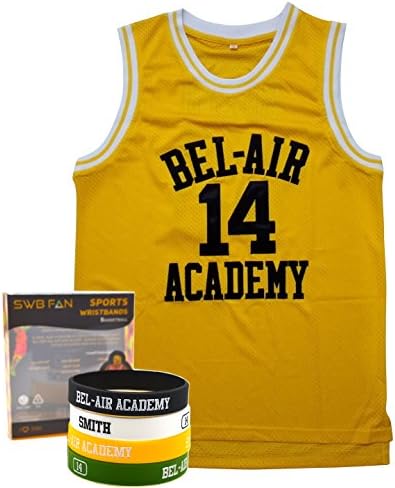 Fresh Prince Jersey by MJ- 14 Will Smith Basketball Jerseys - Bel Air Academy Sewn Numbers and Letters - Include Swbfan Box Of 4 Free Themed Wristbands (Yellow, Small)