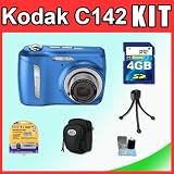 Kodak EasyShare C142 10MP Digital Camera w/ 3x Optical Zoom, 2.5 Inch LCD (Blue) + 4GB SD Card + Camera Bag(S) + Table Tripod + 3 pieces Cleaning Kit + SD Card Reader