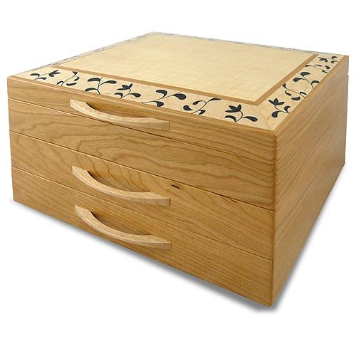 Black and White Flowers Heartwood Jewelry Box with 2 Drawers