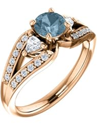 14K Rose Gold Round Cut Blue and White Diamond Ring -- LIFETIME WARRANTY