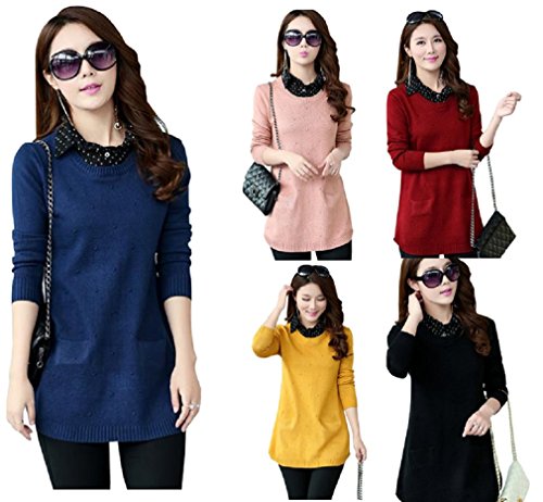 【ARINCO】 水玉 ドット 襟付 重ね着風 ニット ワンピース レディース 大人 カジュアル 全5色 サイズ M L XL XXL XXXL