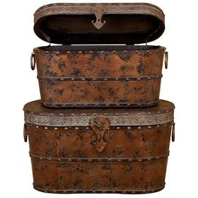 Set 2 Antiqued Metal N Wood Chest Trunk Old Time Boxes