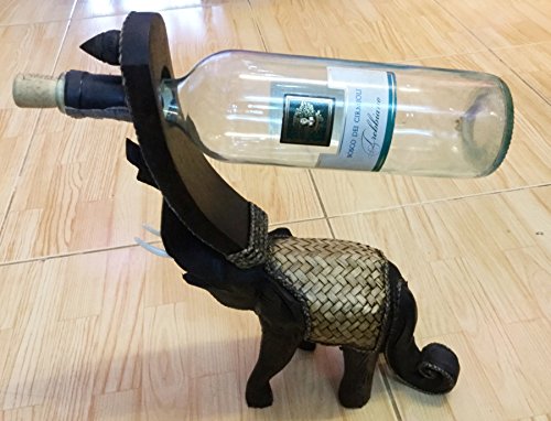 Joyous Elephant Carved Rain Tree Woodend Wine Bottle Holder by AeraVida,Handmade mobile Teak Wood Wine Bottle Holder and holder candle Cupped Hand Design, Black Finish, Dinning