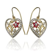 18k Yellow Gold Overlay Sterling Silver Ruby & Diamond Accent Heart Earrings