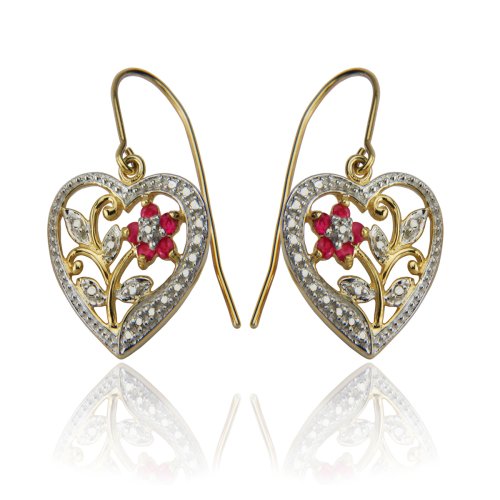 18k Yellow Gold Overlay Sterling Silver Ruby & Diamond Accent Heart Earrings