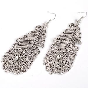 ANTIQUE STYLE TIBET SILVER LEAF PEACOCK PLUME FEATHER EVIL EYES DANGLE EARRINGS