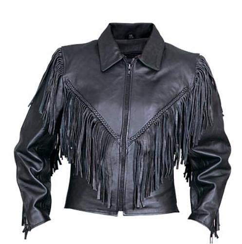 Ladies Cowhide Leather jacket with fringe, braid, side lace, and zipout liner On Sale
