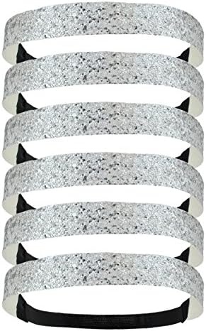 6 Pack: Glitter Headbands 3/4" Elastic Back Multiple Colors Available (One Size, Silver)