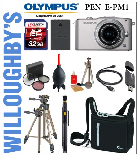 Olympus PEN Mini E-PM1 12.3 MP CMOS Sensor Micro Four Thirds Interchangeable Lens Digital Camera with 14-42mm II Lens (Silver) + LEXSpeed 32GB SDHC Memory Card + Extra PS-BLS1 Battery + Deluxe Digital SLR Camera Bag + 3pc 37mm Multi-Coated Essential Filter Kit + Sunpak 620-9002TM Tri-Monopod &amp; Much More! Willoughby's Est. 1898 Deluxe PEN Starter Bundle
