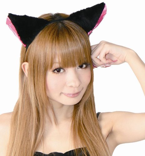 フワフワ猫耳カチューシャ 横耳 黒/ピンク