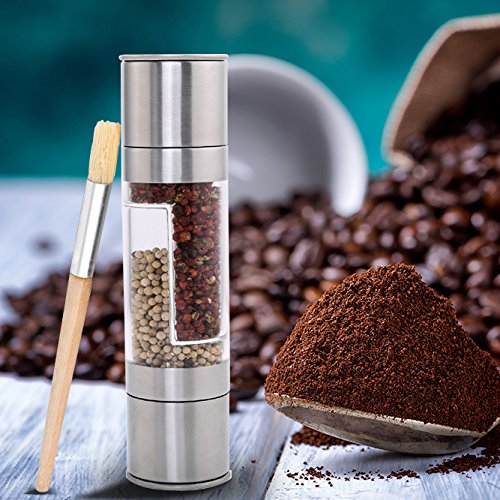 Salt and Pepper Grinder Set,KPACO 2 in 1 Slim Brushed Stainless Steel Pepper Mill and Salt Mill Pepper Grinder Set Spice Grinder,Easy to Fill Salt and Pepper Mill Set With Brush