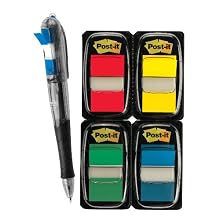 Post-it Flags Value Pack with Free Flag+ Pen, Assorted Primary Colors, 1-Inch wide, 50/Dispenser, 4-Dispensers
