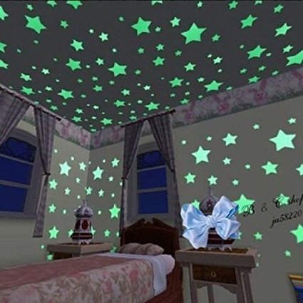 Fecedy Blue 300pcs Plastic 3D Stars Glow in the Dark Fluorescent Wall Stickers Decal For Baby Kids Room