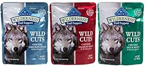 Blue Buffalo Wilderness Grain Free Trail Toppers Wild Cuts Natural Food For Dogs 3 Flavor Variety 6 Pouch Bundle: (2) Blue Wild Cuts Trail Toppers Chunky Duck Bites In Hearty Gravy, (2) Blue Wild Cuts Trail Toppers Chunky Salmon Bites In Hearty Gravy, and (2) Blue Wild Cuts Trail Toppers Chunky Chicken Bites In Hearty Gravy, 3 Oz. Ea. (6 Pouches Total)