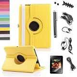 Pandamimi ULAK Bundle of 9PCS for Kindle Fire HD 7″ Tablet Yellow 360 Rotating Stand PU Leather Case Cover With Stand + Screen Protector/Headphone/USB Cable/Car Charger/Stylus/Earphone splitter cable (1 in 2 out)/Fishbone Shape Earphone Cord Winder Newest 11 in 1