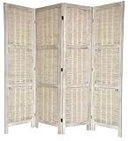 Beautiful Great Price Quality Room Divider -5.5ft. Wood Frame & Woven Bamboo Matchstick Folding Floor Screen - 4 Panel Distressed White