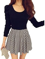 A-line Above the Knee Long Sleeves Cotton/Polyester Winter Houndstooth Print Round Neck Skater Dress 
